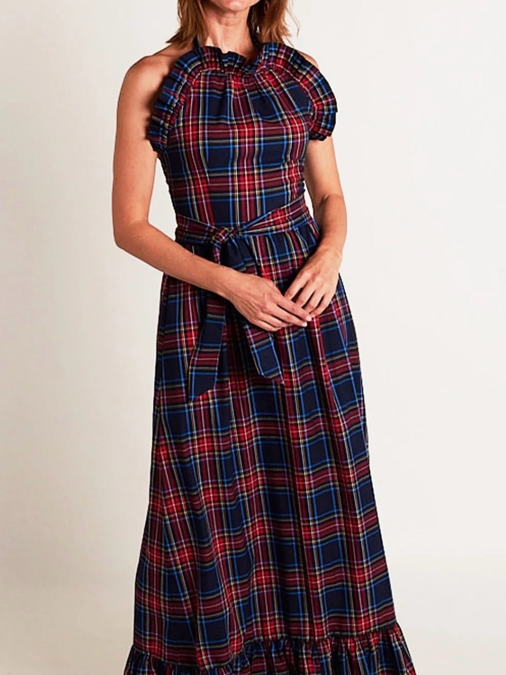CK Bradley Plaid Halter Maxi Dress with Waist Tie - Red & Navy